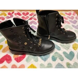 Karl Lagerfeld Black Leather Floral Lace Up Combat Boots Women's Size 9.5